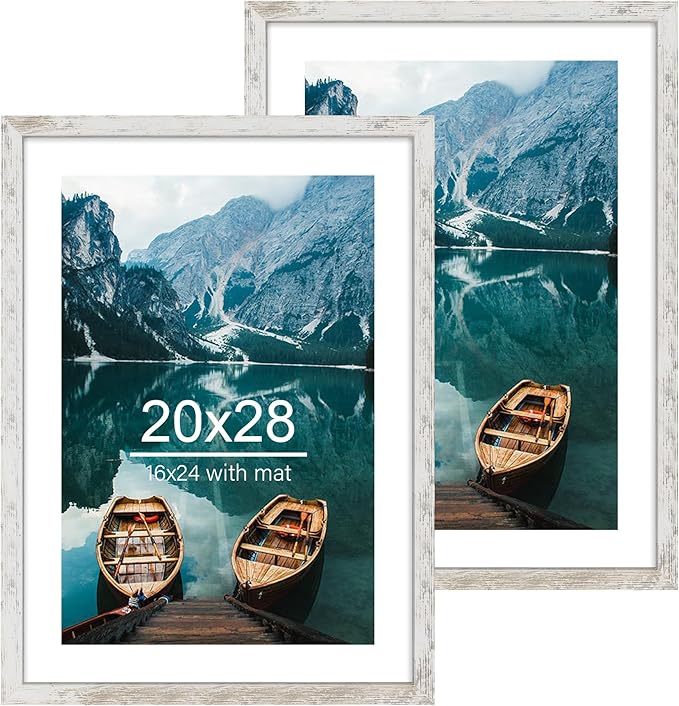 20x28 Picture Frame Set of 2, Distressed White Wood Style - Display 16x24 Picture with Mat or 20 x 28 Poster without Mat, Wall Mounting Horizontal and Vertical