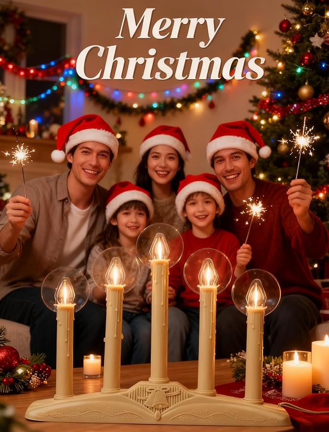 5-Light Christmas Window Candle Lights, Electric Plug-in Candelabra Arch for Luminous Holiday Decorations - Traditional Indoor Windowsill Taper Candle Lamp, Flameless
