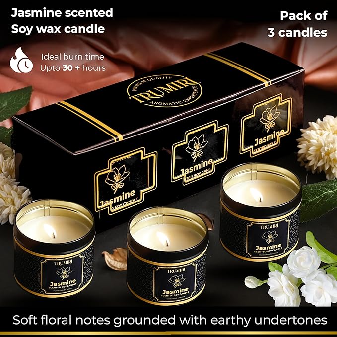 Jasmine Candle Strong Scented Soy Candel Clean Non Toxic Velas Aromáticas for Women Gift for Diwali Pack of 3 5Oz Decorative Tin Jars with Lids