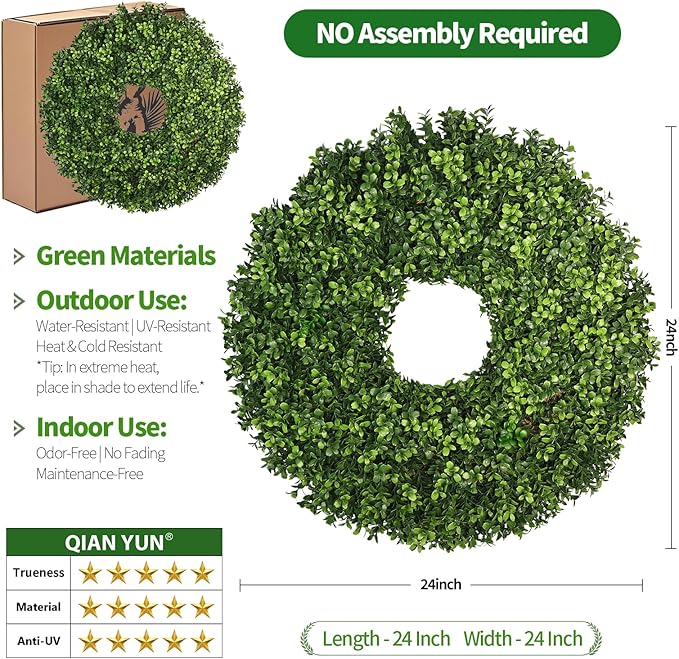 Artificial Boxwood Wreath for Front Door – Preserved Green Wreath for Spring, Fall, Christmas & Holiday Decor – UV-Resistant for Indoor & Outdoor Use (1, 24")