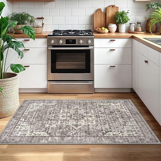 3x5 Washable Area Rugs for Entryway, Taupe Soft Medallion Printed Area Rug with Non-Slip, Low-Pile Vintage Boho Carpet for Living Room Bedroom Dining, Dorm Throw with Non-Shedding