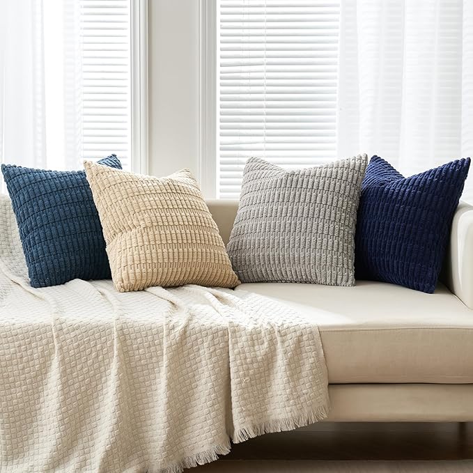 MIULEE Pack of 4 Modern Coastal Western Blue and Brown Corduroy Decorative Throw Pillow Covers 18x18 Inch Soft Striped Pillow Covers Home Decor for Sofa Living Room Couch Bed