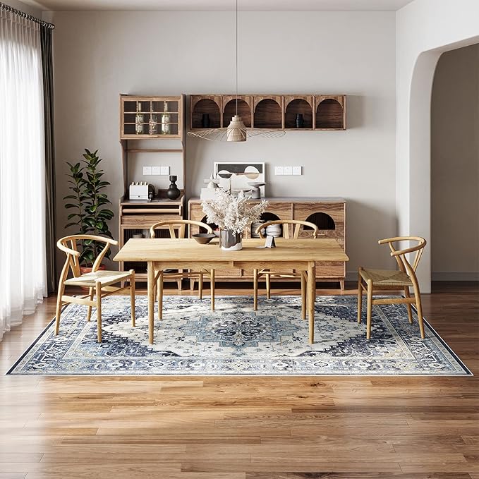 Dripex Washable Area Rug 6x9 Living Room Rug Stain & Water Resistant Foldable Thin Vintage Rugs Faux Wool Floor Carpet for Bedroom Dining Room Kitchen Bathroom Farmhouse Office