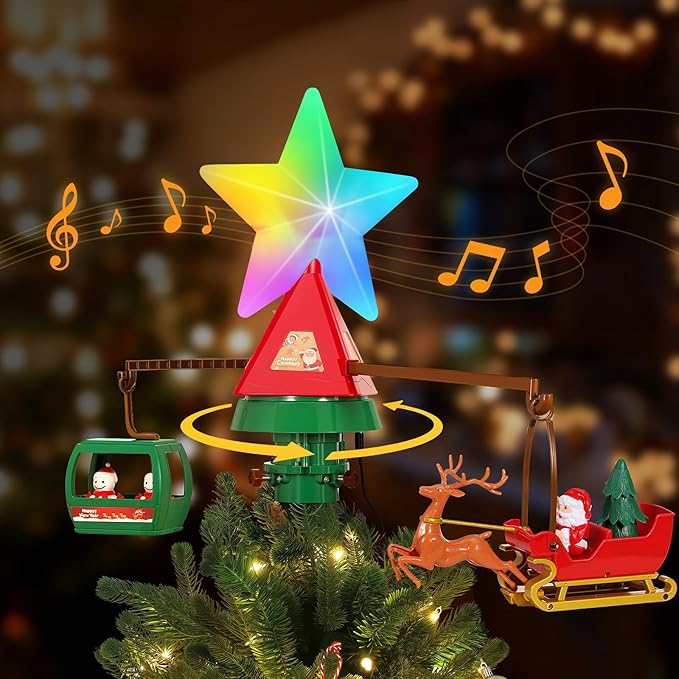 Luxspire Christmas Tree Topper with Rotating Animated Santa Deer Sled and Snowman Cable Car, Multicolor Lighted Christmas Star with Music, Tree Topper Decoration for Holiday Home