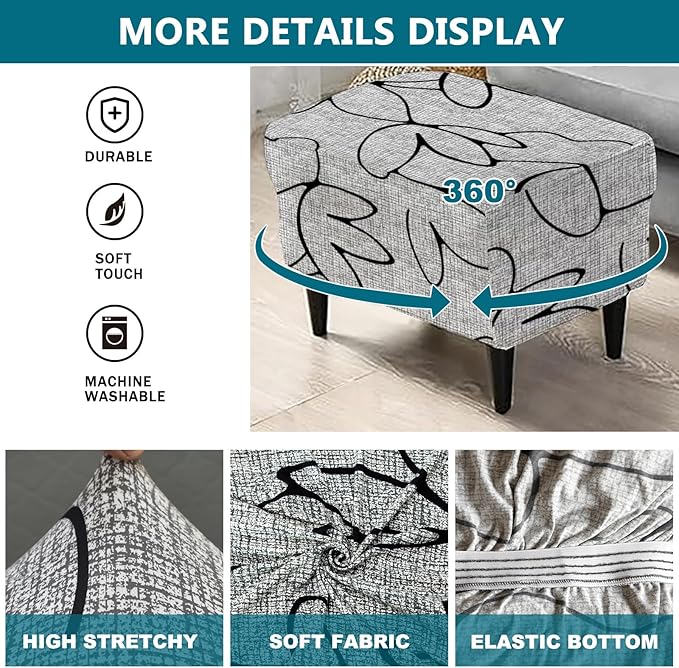 KRFOONN Stretch Ottoman Cover Slipcovers Rectangle Fit Length 27"-35" Footrest Stool Covers Printed Ottoman Cover for Foot Stool Furniture Protector with Non Slip Elastic Bottom, Color 03