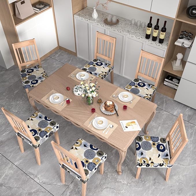 Stretch Dining Chair Seat Covers Set of 6,Dining Chair Slipcovers, Floral Printed Chair Covers,Soft Fabric Washable Upholstered Chair Seat Protector, No Rear Covers for Home Kitchen Dining Room