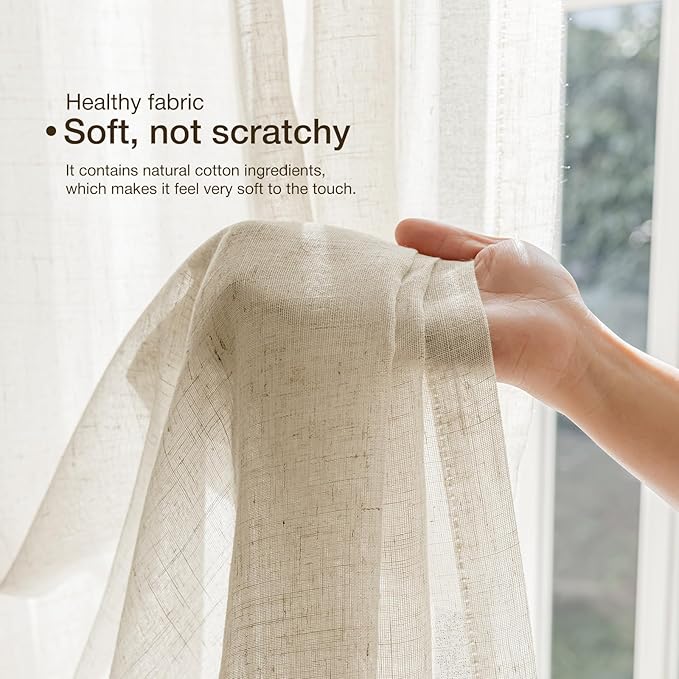 Anmao Natural Linen Curtains for Living Room 120 Inch Length 2 Panels Set, Light Filtering Semi Sheer Window Curtain Drapes for Bedroom with Curtain Rings and Clips, 52W x 120L, Ecru