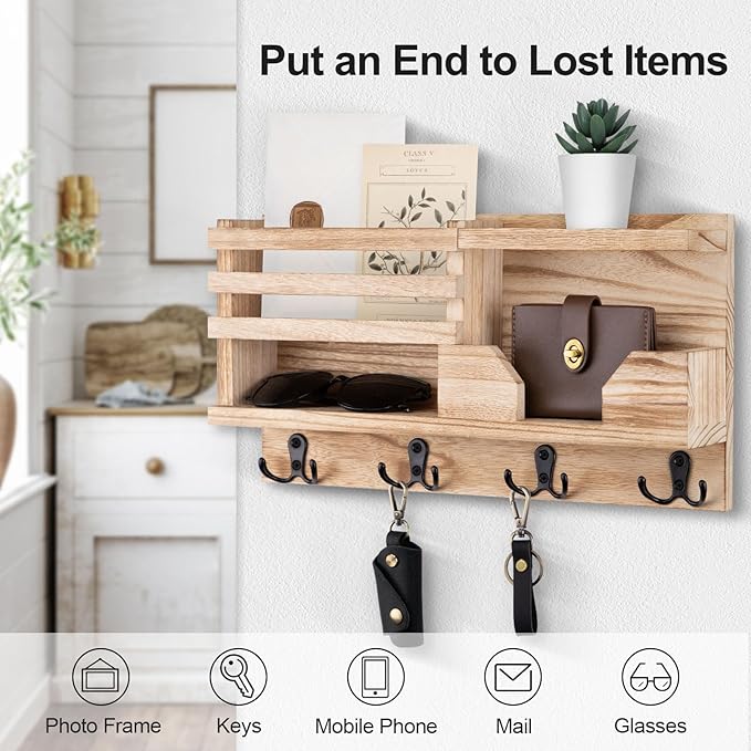 Mail and Key Holder for Wall – Decorative 15.9” x 8.7” x 3.2” Entryway Organizer with Shelf – Paulownia Wood with 4 Dual Hooks Includes Mounting Hardware and Installation Guide (Wood)