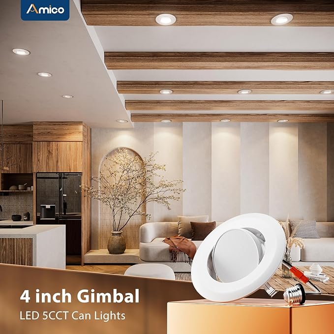 Amico 12 Pack 4 Inch Retrofit Eyeball Gimbal Can Lights, Adjustable Eyeball Directional 5CCT LED Recessed Lights, Dimmable, 2700K/3000K/3500K/4000K/5000K Selectable, 7W 650LM, ETL&FCC