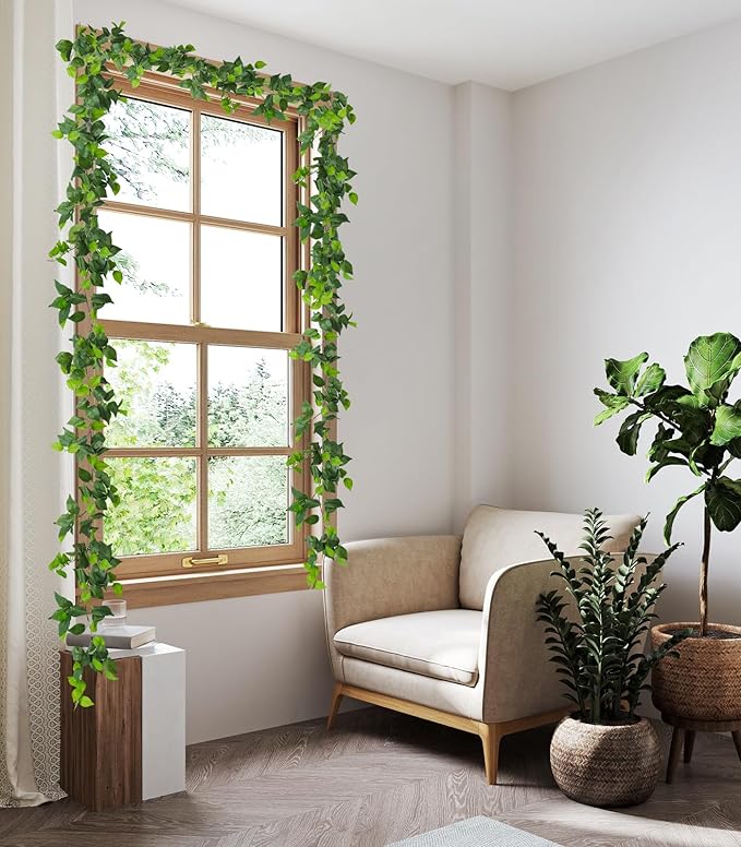 RECUTMS Artificial Vines Ivy Garland 6 Strands Fake Vine with Silk Green Leaves Hanging Plants Greenery Artificial Garland for Spring Home Wall Bedroom Party Wedding Room Valentines Day Decor