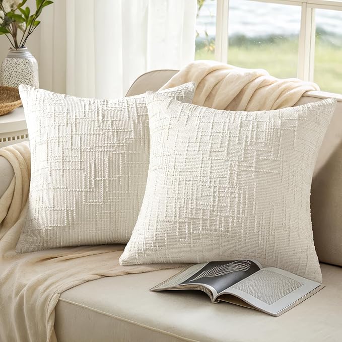 decorUhome Christmas Cream White Chenille Throw Pillow Covers 18x18 Set of 2 Thick Textured Slubby Couch Pillow Covers Farmhouse Accent Modern Neutral Decorative Pillow Cases for Bed Sofa Living Room