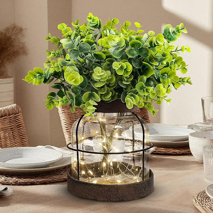 Rustic Farmhouse Glass Vases with Green Artificial Eucalyptus Plants & Lights Primitive Vintage Lantern Home Decor Centerpiece for Counter Coffee Table Shelf Desk Office Dining Room Kitchen Bathroom