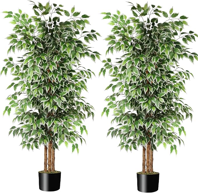 GTIDEA 2 Pcs 6ft Ficus Artificial Trees, Tall Faux Trees Indoor with Natural Trunk and Fake Silk Tree Fake Plants for Home Winter Decor Living Room Outdoor Balcony House Office (Included Dried Moss)