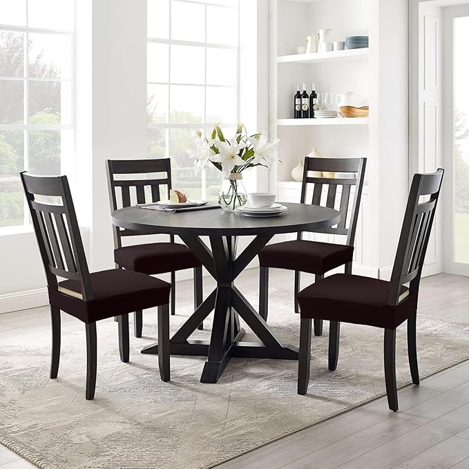 Smiry Stretch Jacquard Seat Covers for Dining Room Chairs Set of 8, Removable Washable Chair Seat Protector Slipcovers, No Rear Covers, Brown
