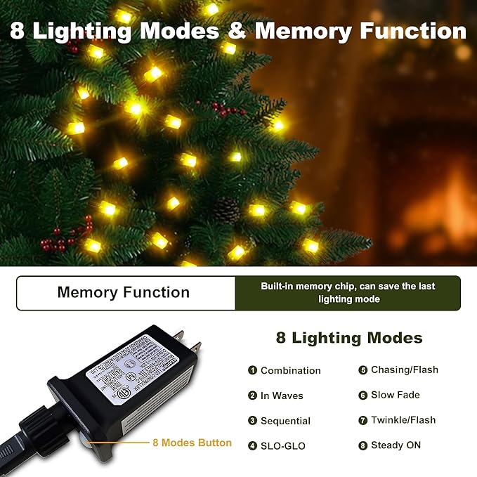 [2 Pack] Christmas Lights Outdoor, 210FT 600LED Connectable String Lights Waterproof, Twinkle Lights with 8 Modes, Christmas String Lights Indoor Green Wire for Yard Party Christmas Decorations