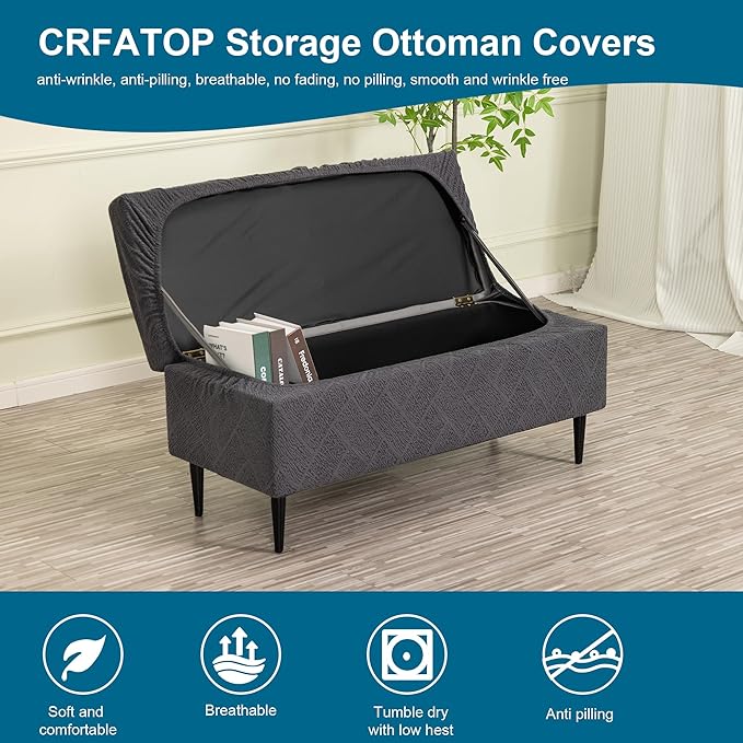 CRFATOP Jacquard Ottoman Stool Cover Stretch Folding Storage Footstool Bench Slipcovers Upholstered Foot Chest Chair Covers Washable Entryway Furniture Protector with Elastic Bands,S,Dark Grey