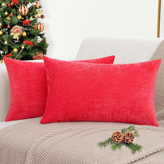 decorUhome Chenille Red Christmas Throw Pillow Covers 12x20 Inch Set of 2, Decorative Soft Couch Pillow Covers Solid Dyed Accent Farmhouse Neutral Rectangle Pillow Cases for Sofa