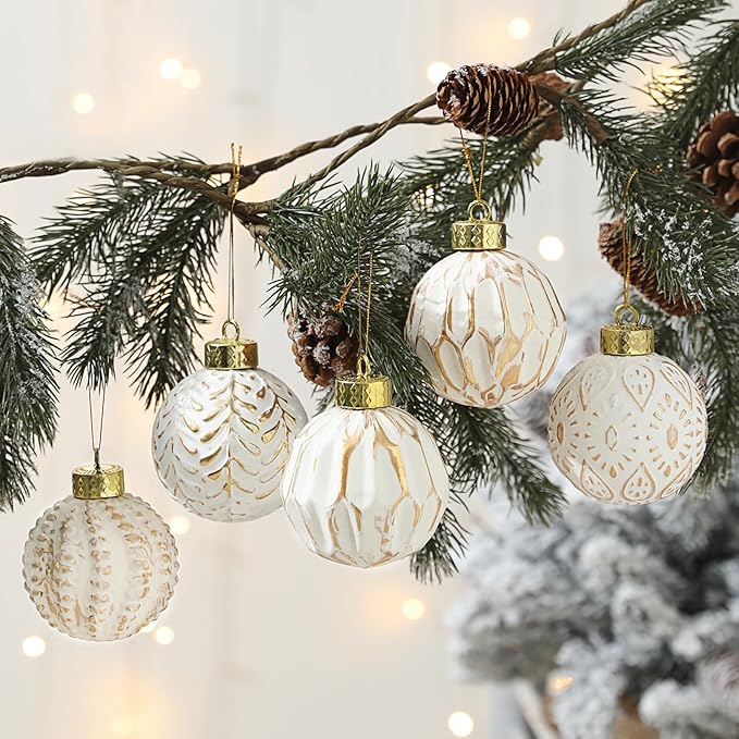 White and Gold Rustic Christmas Ball Ornaments, 3.15 inches Vintage Christmas Tree Decorations, 12 PCS Large Shatterproof Neutral Farmhouse Luxury Xmas Ornaments for Christmas Tree, Home Decor