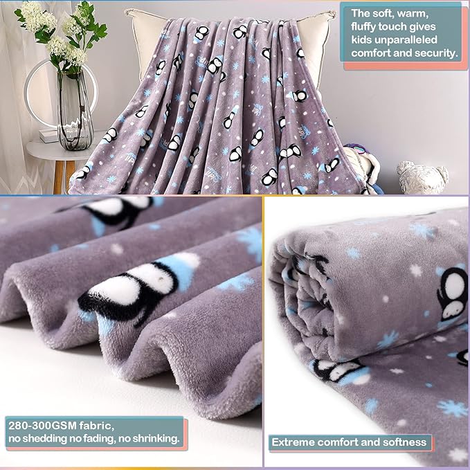 Warm Soft Toddler Fleece Blankets for Boys & Girls with Cartoon Penguin Pattern Print - Cozy Fuzzy Plush Flannel Kids Throw Blanket for Daycare & School - 50x60 inches (Grey)