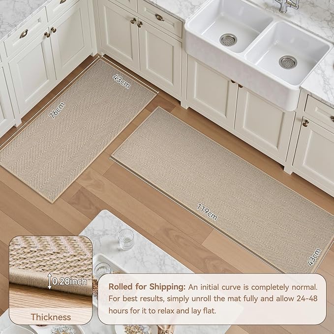 AMOAMI Kitchen Rugs and Mats, Non Slip Washable Kitchen Mats for Floor, Absorbent Quick Dry Kitchen Runner for in Front of Sink，Kitchen Rugs Sets of 2, 17"*30"+17"*47", Beige