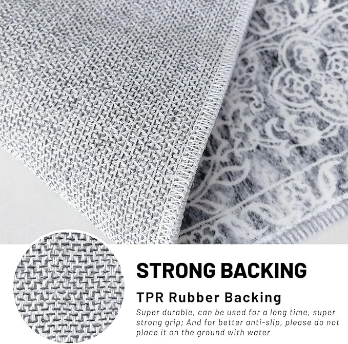 KUTA Vintage Washable Runner Rug, 2.6x8 Runners for Hallways Non-Slip Vintage Grey Blue White Floral Kitchen Rugs Soft Printed Tribal Floor Carpet for Bedroom Living Room Nursery