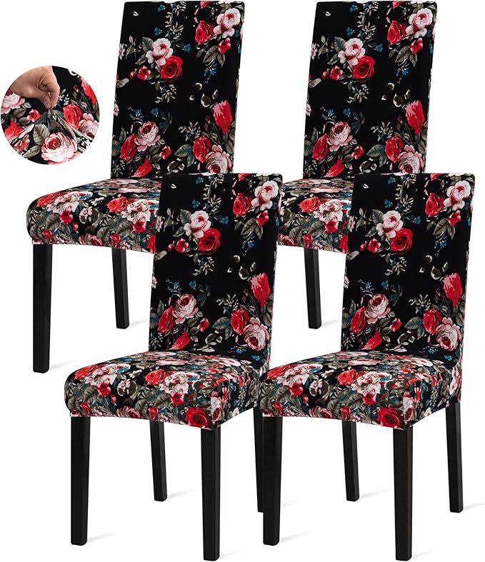 Sufdari Dining Chair Covers,Kitchen Chair Cover,Parsons Chair Slipcover,Spandex Chair Protectors for Dining Room Stretch Chairs Cover Set of 4 -Black Rose