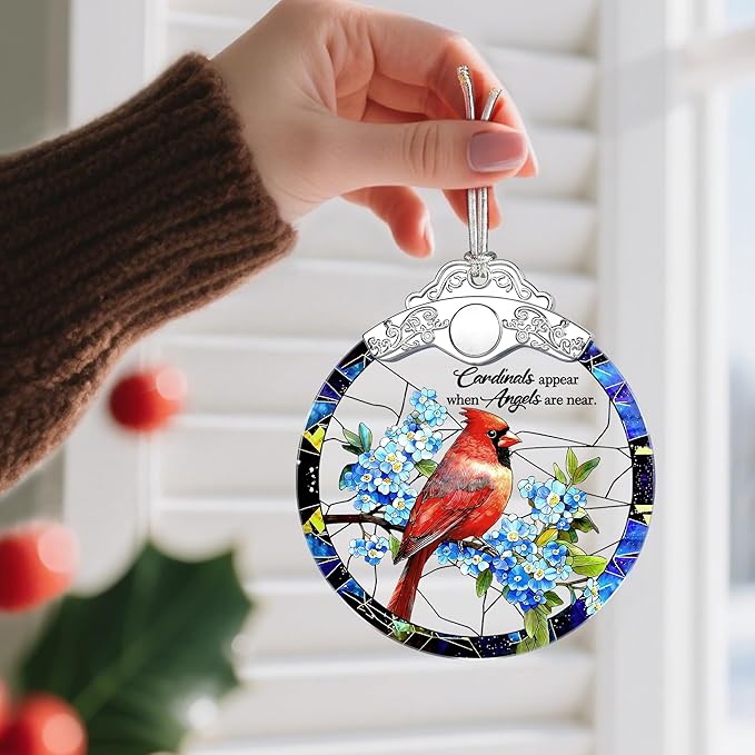 Cardinal Christmas Ornaments: Stained Glass Ornament, Christmas Tree Ornament, Hanging Ornaments for Home Decor – in Memory of Loved One, Cardinal Gifts, Memorial Gift & Sympathy Gift