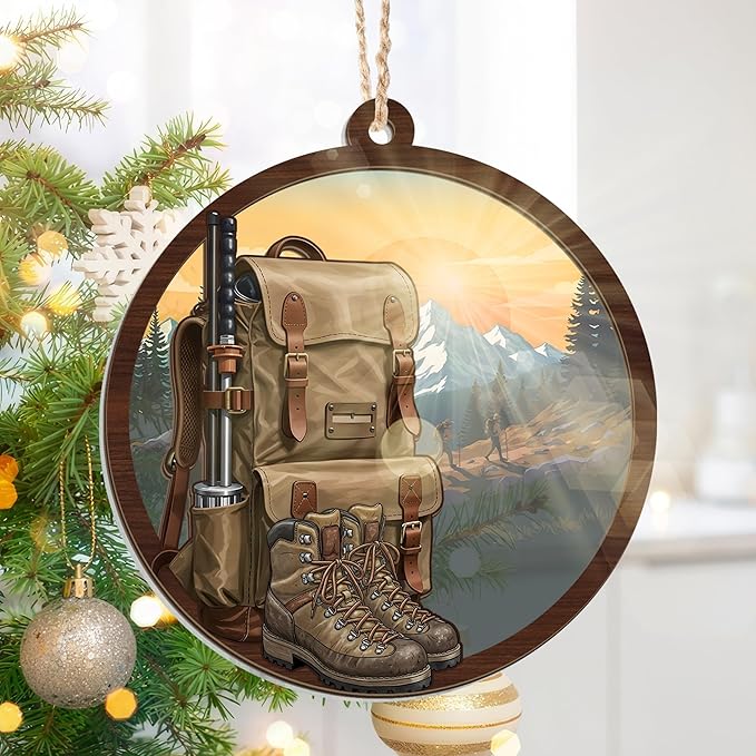 Hiking Ornaments for Christmas Tree - Suncatcher Christmas Ornaments 2025 - Hiking Gifts for Women Men, Camping Gifts for Hikers Women Men Friends, Backpack Camping Ornament, Travel Ornament