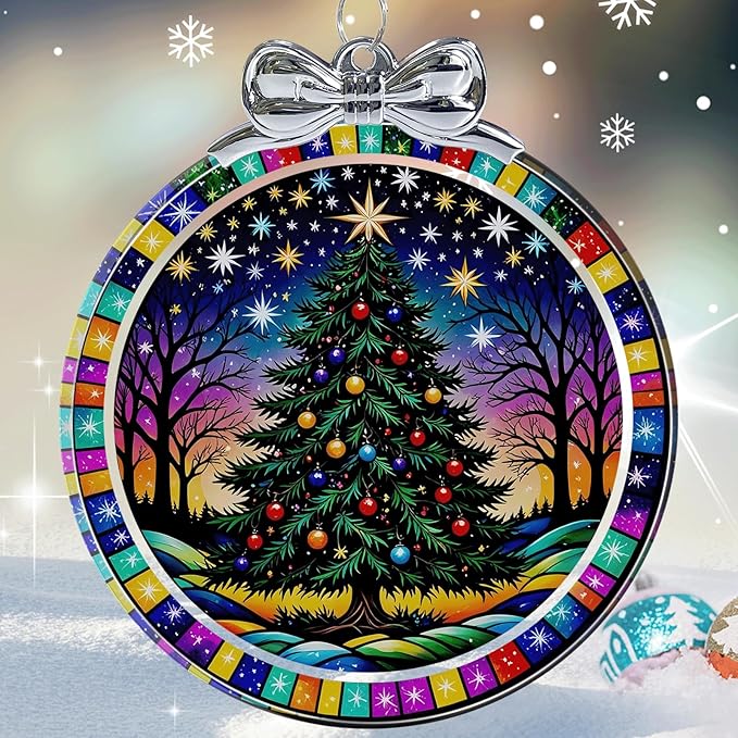 Starry Night Christmas Tree Stained Glass Christmas Ornament - Hanging Ornaments for Christmas Tree Decorations - Holiday Keepsake Present Exchange Idea