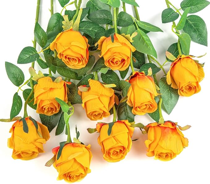 Flojery 10pcs Artificial Rose Flowers Long Stem Fake Silk Roses for DIY Wedding Bouquet Table Centerpiece Home Decor (Orange)