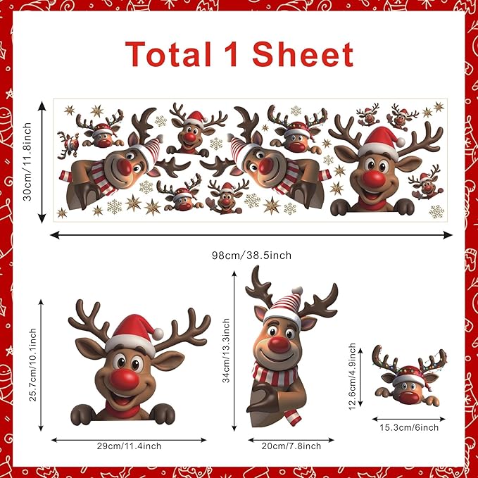 Christmas Window Clings Reindeer, Xmas Elk Wall Decals, Christmas Reindeer Wall Stickers, Xmas Snowflake Window Stickers, Xmas Elk Wallpaper for Party Class Home Living Room Bedroom
