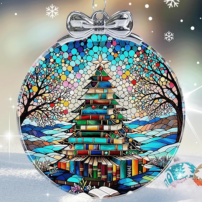 Book Tree Christmas Ornament Unique - Book Lover Ornament Glass for Christmas Tree Decorations- Holiday Keepsake Present Exchange Idea
