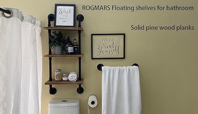 ROGMARS Industrial Pipe Shelving Solid Wood Floating Bathroom Shelves Wall Mounted Ladder Bookshelf for Living Room Wall Decor and Storage 15 inch (3 Tier)