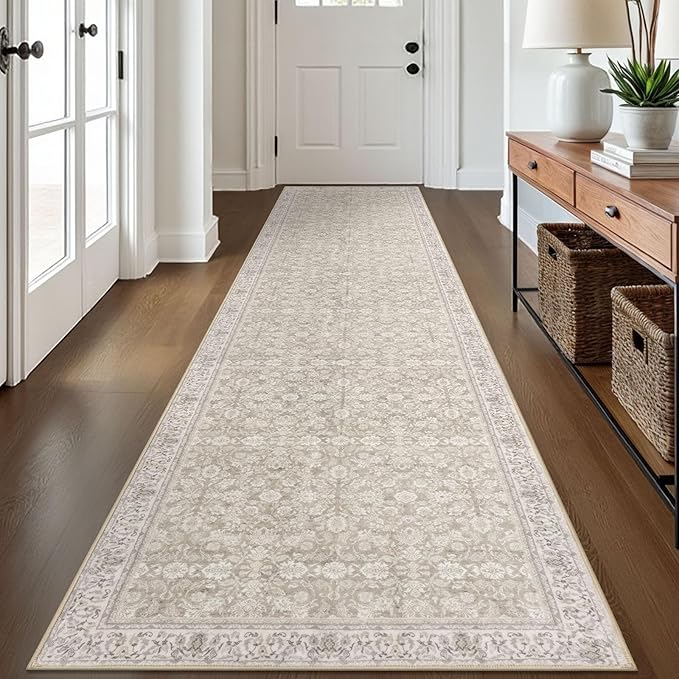 2.6x12 Washable Runner Rug for Kitchen, Cream Beige White Grey Soft Classic Runner with Non-Slip, Non-Shedding Distressed Floral Rug for Hallways Entryway Bedroom Laundry Indoor