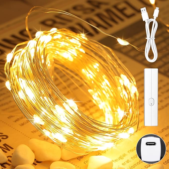 Lakumu 132FT(33 * 4) Fairy Lights Battery Operated, Rechargeable String Lights with Timer, LED Twinkle Lights for Bedroom, Christmas Decorations, Wedding, Centerpiece Table Decor Warm White