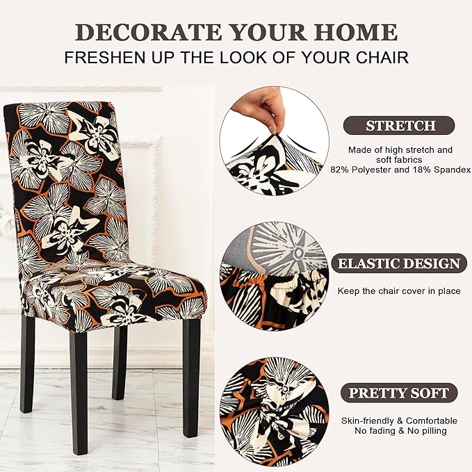 Sufdari Dining Chair Covers,Kitchen Chair Cover,Parsons Chair Slipcover,Spandex Chair Protectors for Dining Room Stretch Chairs Cover Set of 6 -Black Cream Floral