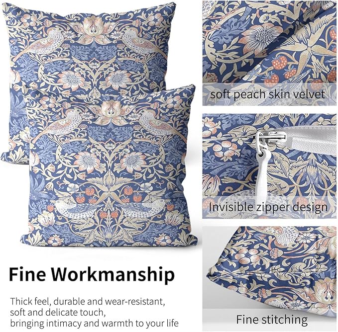 William Morris Pillow Covers 18x18 Inch Vintage Strawberry Birds Print Pillow Protectors with Zipper Standard Size Floral Botanical Pillowcases Mid Century Blue Bed Pillow Covers Set of 2