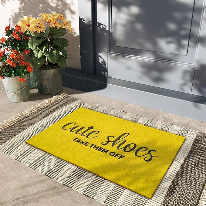 Spring Door Mats for Home Entrance Funny Front Door Mats Cute Shoes Take Them Off Heavy Duty Easy Clean Doormat Indoor Outdoor Mat for Spring Door Way Kitchen Entry Home Entryway Yellow