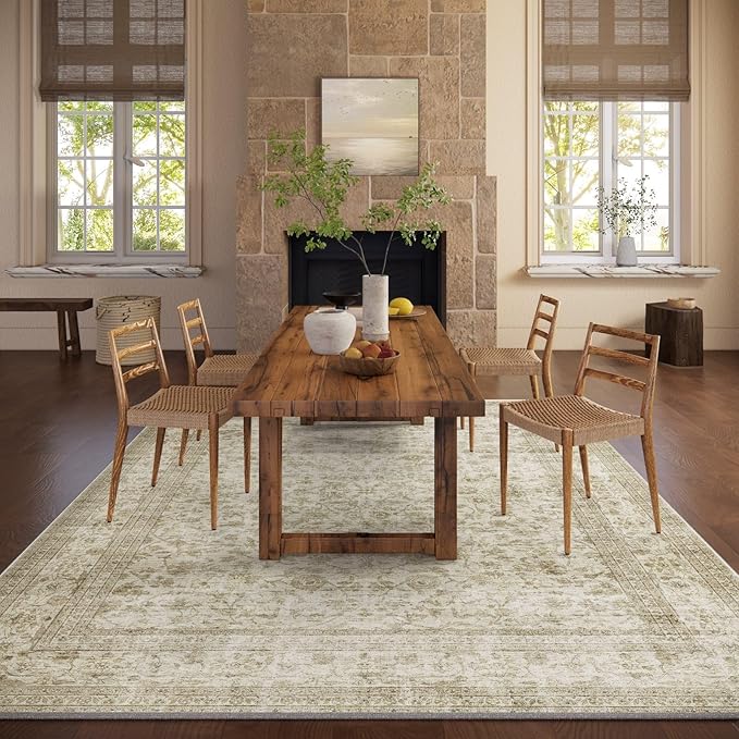10x12 Area Rug Washable Rugs: Large Living Room Rug Stain Resistant Non Slip Distressed Vintage Low Pile Faux Wool Soft Carpet for Bedroom Farmhouse Dining Room Kids Playroom Nursery