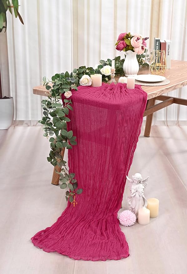 12 Pack Hot Pink Cheesecloth Table Runner, Gauze Boho Long Cheesecloth Table Runner 35x70inch Rustic Table Runners for Wedding Party Bridal Shower Banquet Easter Table Decorations