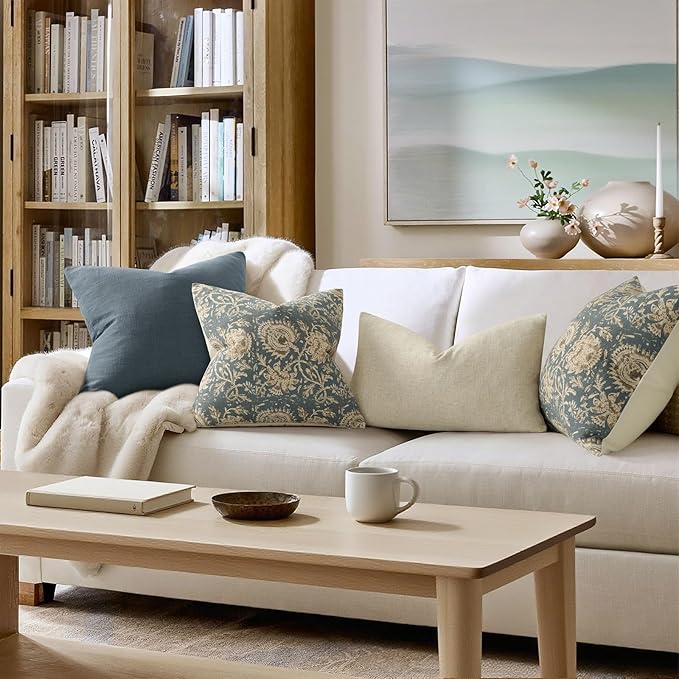 Vintage Floral Print Throw Pillow Covers 26x26 Set of 2 Neutral Modern Farmhouse Accent Decorative Cushion Covers Boho Home Decor for Couch Sofa Chair Bed Living Room, Dusty Blue
