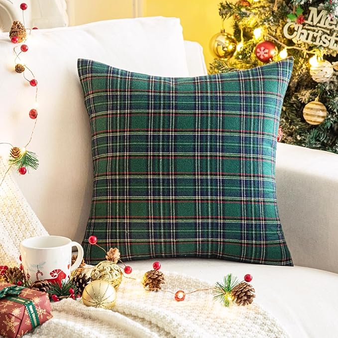 AQOTHES Pack of 2 Christmas Plaid Decorative Throw Pillow Covers Scottish Tartan Cushion Case for Farmhouse Home Holiday Decor Green and Blue, 24 x 24 Inches
