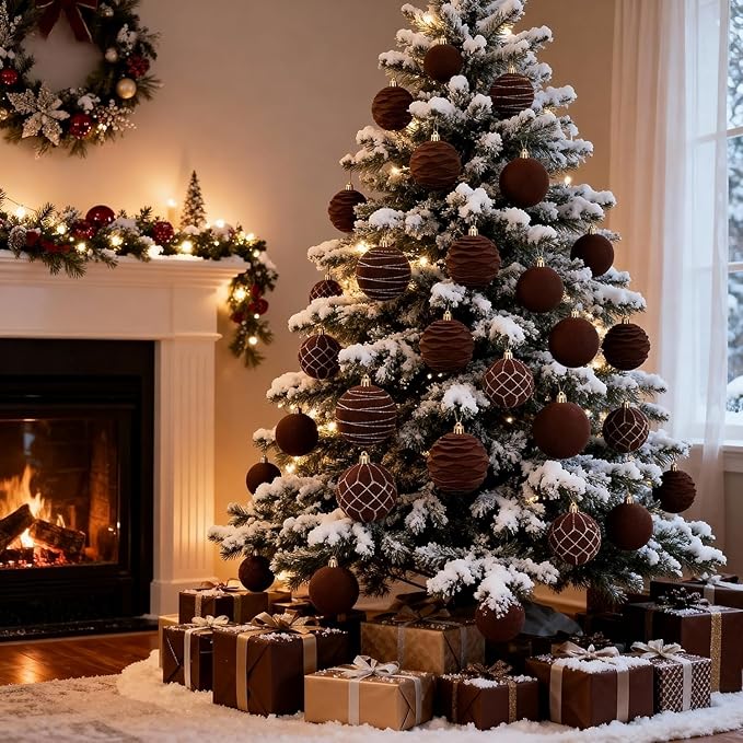 Artmag 12Pcs Velvet Christmas Ornaments Balls Sets for Christmas, Plastic Shatterproof Xmas Tree Flocked 3.15 inch Ornaments Balls for Winter Holiday Decor (Brown)