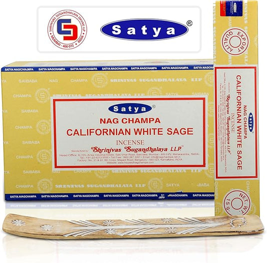 Satya Californian White Sage Incense Sticks 180 gm (15GM X 12 Pack) from Satya Mumbai and Raajsee Incense Sticks Holder Bundle, Free from Chemicals,Natural Insenses