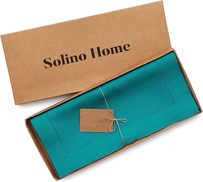 Solino Home Linen Table Runner 60 Inches - 100% Pure Linen Teal Hemstitch Table Runner 14 x 60 Inch Ideal for Dresser and Coffee Tables - Classic Hemstitch