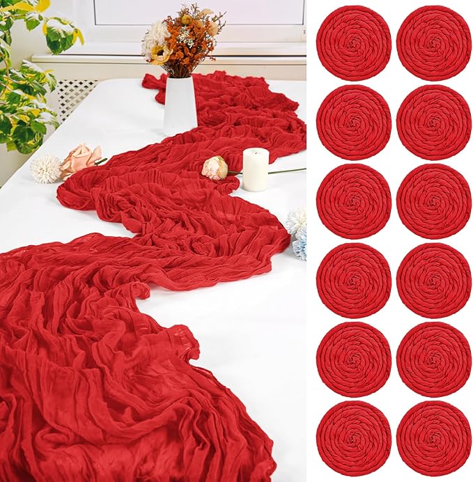 12 Pack Red Cheesecloth Table Runner,10FT Gauze Boho Table Runner 20x120inch Rustic Sheer Cheese Cloth Table Runner for Wedding Party Bridal Shower Table Thanksgiving Christmas Decoration