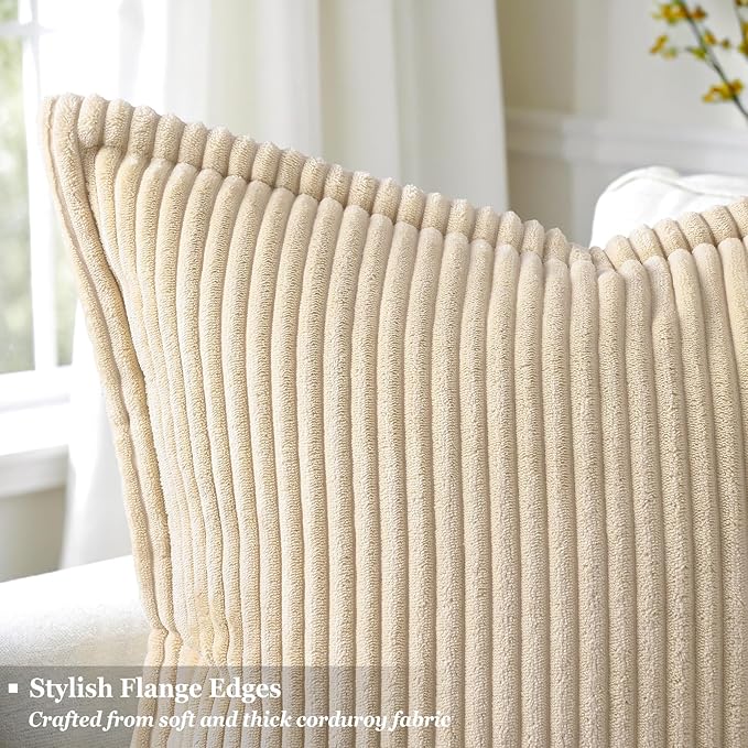 decorUhome Corduroy Beige Throw Pillow Covers 24x24 Set of 2 Decorative Soft Boho Farmhouse Euro Couch Pillow Covers for Living Room Bed Sofa Broadside Striped Pillow Cases