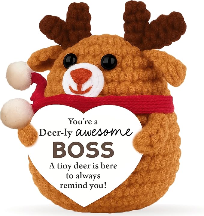 Christmas Boss Gifts for Boss Women Men, Deer Boss Gifts Appreciation, You’re a Deer-ly Awesome Boss, Funny Mini Crochet Deer with Card, Office Desk Decor, White Elephant Stocking Stuffers