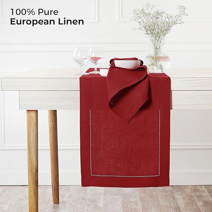 D'Moksha Homes Linen Red Table Runner 144 Inches Long - 100% Pure Linen Extra Long Table Runner 14 x 144 Inch for Valentines, Spring - Classic Hemstitch