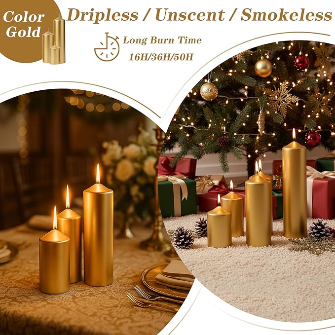 36 Pcs Gold Pillar Candles Bulk Set，Hurricane Candles，3 Different Lengths (12 Each)，Dripless Unscented Smokeless，Suitable for Decorating Christmas, Weddings, and Other Events！